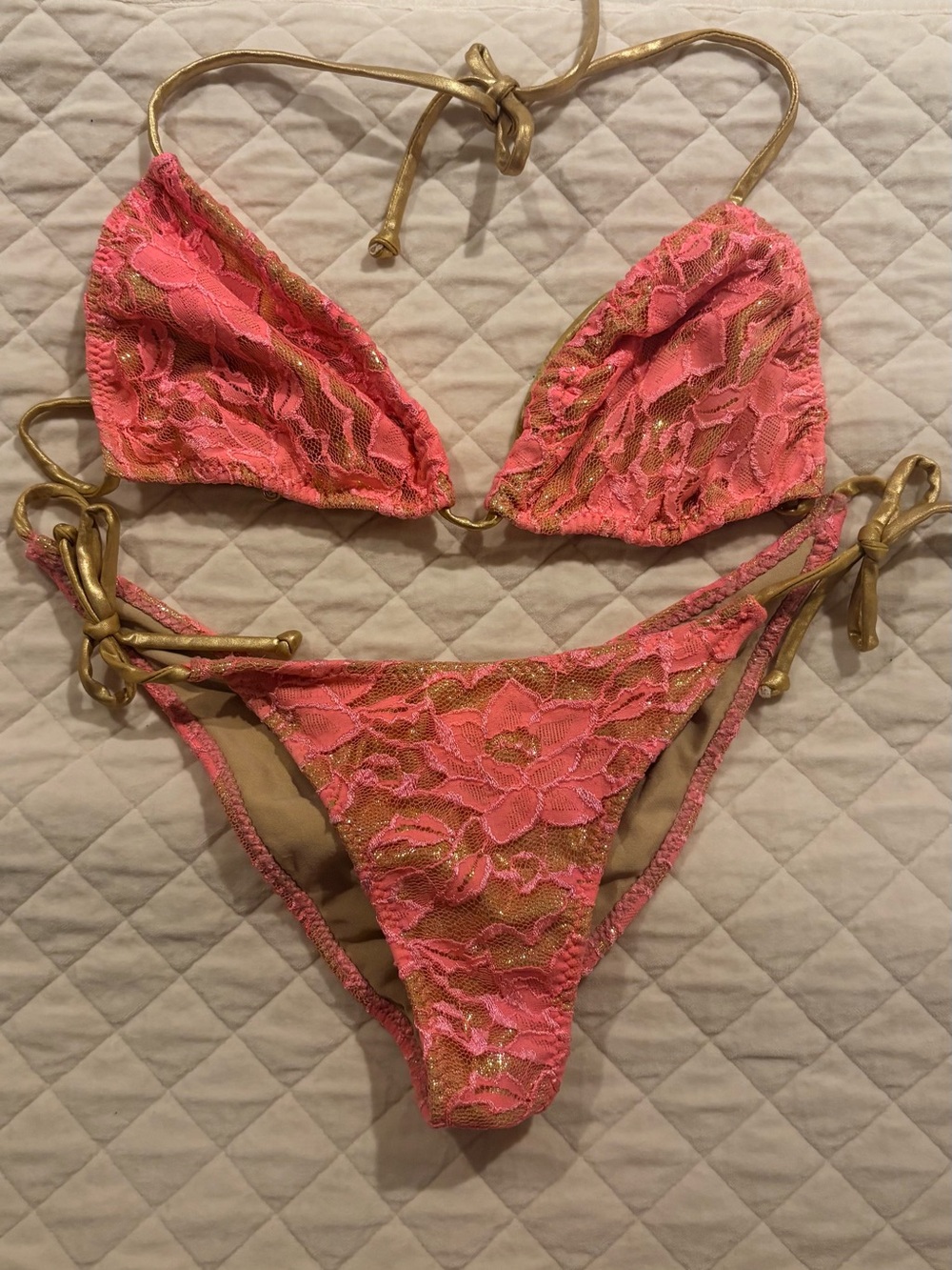 Coral Lace Triangle Bikini with Gold Trim